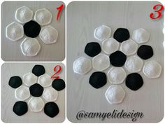 four pictures showing how to make an ornament out of white and black stones