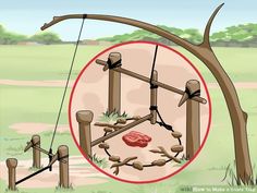 an image of a wooden swing set in the grass with rocks and leaves on it