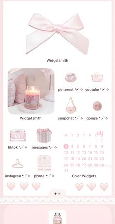 a pink and white calendar with a candle on it's side, surrounded by other items