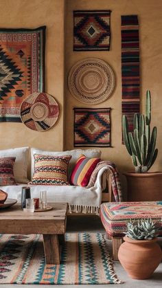 a living room filled with lots of furniture and rugs on the wall next to potted plants