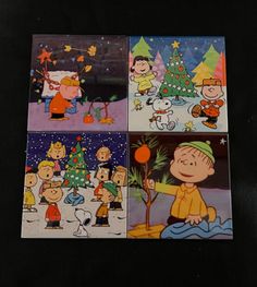 four different pictures of charlie brown and his friends in the snow with christmas trees on them