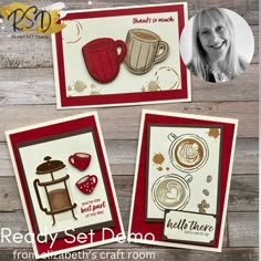 three cards with coffee related images and the words, ready set stamp from elizabeth's craft room