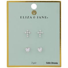 Wear your love for Jesus on your ears with these Cubic Zirconia Cross & Heart Earrings! These stylish post-style earrings each feature sparkling cubic zirconia stones in a clear color. There are two cross-shaped earrings, as well as two heart-shaped earrings. Mix and match them for a style that shows off your faith! Details: 	 Length: 1/4" - 7/16" 	 Width: 1/4" - 5/16" 	 Metal Color: Silver Card contains 2 pairs of earrings. Silver Card, Eliza Jane, Print Chiffon Maxi Dress, Cross Heart, Heart Shaped Earrings, Floral Fit, Cubic Zirconia Earrings, Jairzinho, Eliza J