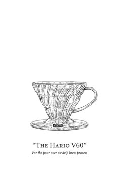 a drawing of a coffee cup with the words, the haro vg for the pour over or drip through process