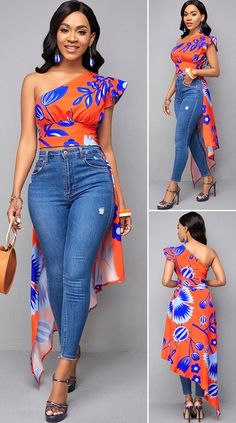 Dip Hem Skew Neck Floral Print Blouse HOT SALE! cute top, stylish tops, tops casual, beautiful tops, pretty tops, tops outfits, top fashion outfits, summer tops, clothes, fashion, beauty, buy, sale, shop, shopping, free shipping, #elegantstyle Chic Mom Outfits, Diy Fitness, Fashion Outfits Summer, Kitenge Designs, Fancy Short Dresses, Beautiful Tops, African Print Maxi Skirt, African Print Tops, Latest Model Blouse Designs