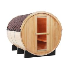 a wooden barrel saunat with its door open and shelves on the outside side