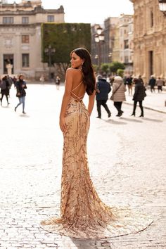 Agata - Gold Patterned Sequin Gown with Plunge Neck & Lace-Up Back – A&N Luxe Label Gold Formal Dress Long, Runway Poses, Gold Formal Dresses, Formal Poses, Ring Dance, Prom Aesthetic, Balyage Hair, Formal Photos, Gold Sequin Gown