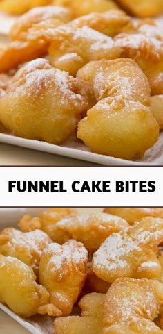 two plates filled with funnel cake bites on top of a table next to each other