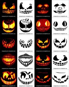 halloween pumpkins with scary faces on them, all lit up in different colors and shapes