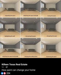 six pictures showing how to paint an empty room in different ways, including the ceiling and walls