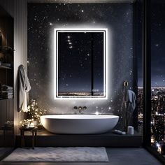 a bath room with a tub a mirror and lights on the side of it's wall