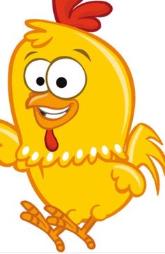 a yellow chicken with a red comb on it's head is smiling and waving