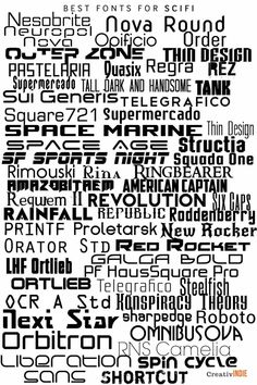 a black and white poster with the words written in different font styles, all on one side