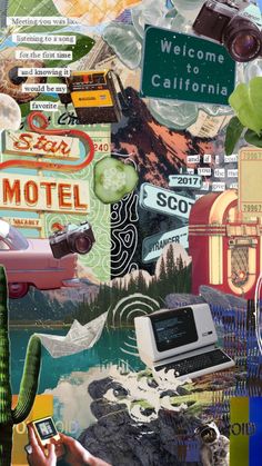 a collage of various images including a cactus, motel sign, and other items