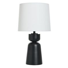 a black table lamp with a white shade