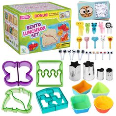 the bento lunchbox set includes various items including cookie cutters, cupcake molders and more