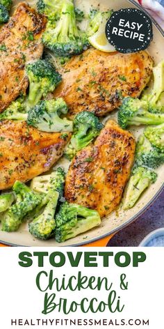 chicken and broccoli in a skillet with text overlay