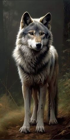 a painting of a wolf standing in the woods