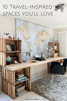 an image of a room with a map on the wall and furniture in front of it