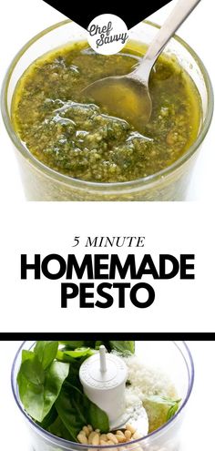 the recipe for homemade pesto is shown in this collage with text overlay