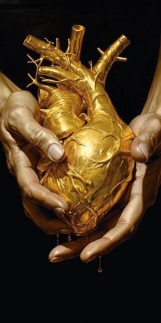 two hands holding a gold heart in the shape of a human heart, on a black background