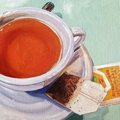 an oil painting of a cup of tea on a saucer next to a book