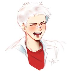 a drawing of a man with white hair and red shirt smiling at someone in the background