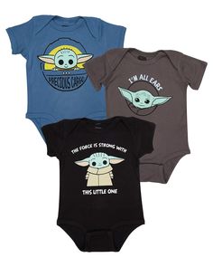 PRICES MAY VARY. Short-sleeve baby bodysuit three pack features The Child Mandalorian graphics. Each infant one piece has a different print for variety in wear Lapped shoulders provide easier on and off. Snap-button gusset hem makes diaper changers easier Grey bodysuit has an “I’m All Ears” Baby Yoda print on the front. A “Precious Cargo��” Baby Yoda graphic appears on the blue one piece and black bodysuit boasts “The Force is Strong With This Little One” Grogu print. Machine washable cotton-blend Newborn Baby Boy Clothes, Star Wars Outfits, Disney Boys, Grey Bodysuit, Best Baby Shower Gifts, The Force Is Strong, Star Wars Baby, Baby Costumes, The Force