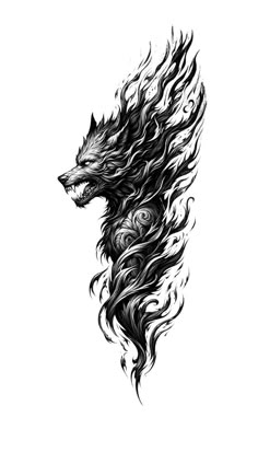 a black and white drawing of a wolf's head with flames coming out of it