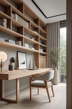 a home office with wooden shelving and white chairs in front of a large window