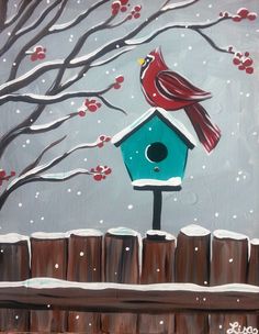 a painting of a red bird sitting on top of a blue birdhouse in the snow