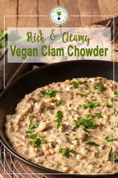 a bowl of vegan clam chowder on a wooden table