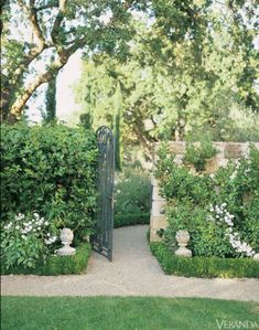 an open gate in the middle of a lush green garden with white flowers and greenery