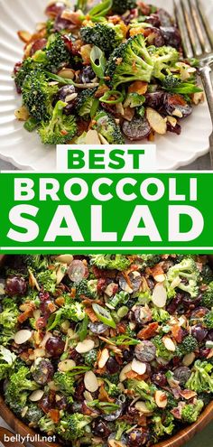 broccoli salad with almonds and olives in a bowl on a table