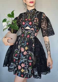 Floral viscose dress with black lace details Starry Night Dress, Viscose Dress, Fashion Mode, Mode Inspiration, Looks Vintage, Serbia, Pretty Dresses, Beautiful Outfits, Aesthetic Clothes