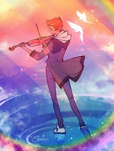 an anime character playing the violin in front of a rainbow colored sky with stars and clouds