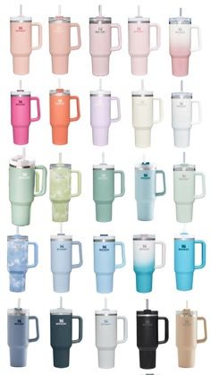 many different colored cups with lids and handles