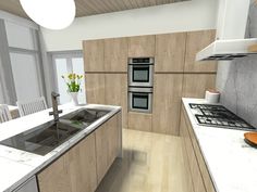 an image of a modern kitchen setting in 3d