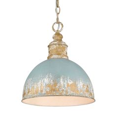 a blue and gold colored pendant light hanging from a chain on an isolated white background