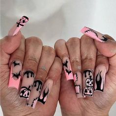 Pink And Black Spooky Nails, China Nails, Halloween Press On Nails, Anime Nails, Long Acrylic, Halloween Inspo, Nail Length, Nails 2024