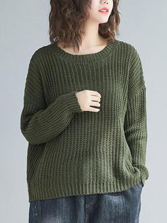 566620 Green Solid Color Sweater For Fall, Green Casual Sweater, Casual Green Solid Color Sweater, Relaxed Fit Green Sweater For Work, Trendy Olive Tops For Winter, Casual Olive Tops For Winter, Leisure Fashion, Round Neck Sweaters, Fashion Seasons