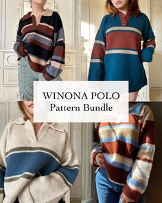 three women wearing sweaters with the words winona polo pattern bundle in front of them