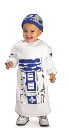 a baby dressed in a star wars character costume with a blue hat and white shirt