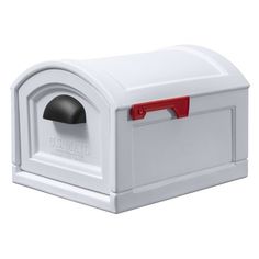 a white mailbox with a red handle on the front and bottom part of it