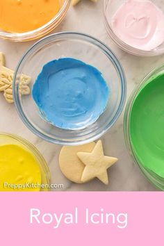 the ingredients for royal icing are shown in bowls