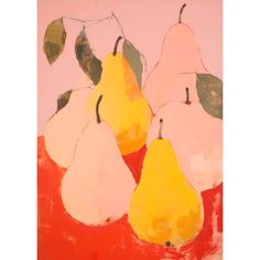 three pears and two oranges on a pink background