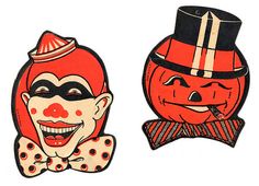 two pumpkins with clown faces on them, one is wearing a top hat and the other has a bow tie