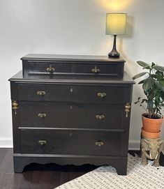 a black dresser sitting next to a potted plant