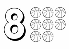 the number 8 and eight basketballs are shown in black on a white background,