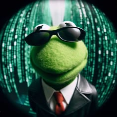 the muppet is wearing sunglasses and a suit in front of a green background with dots